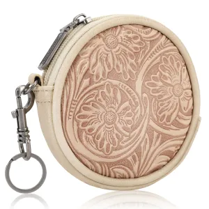 WG116-003  Wrangler Floral Tooled Circular Coin Pouch Bag Charm - Tan