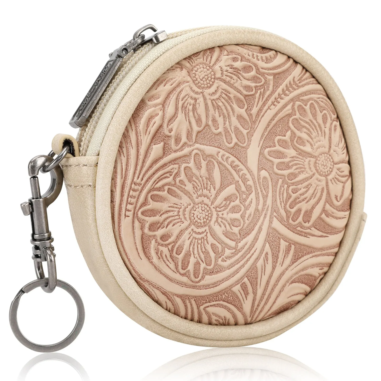 WG116-003  Wrangler Floral Tooled Circular Coin Pouch Bag Charm - Tan
