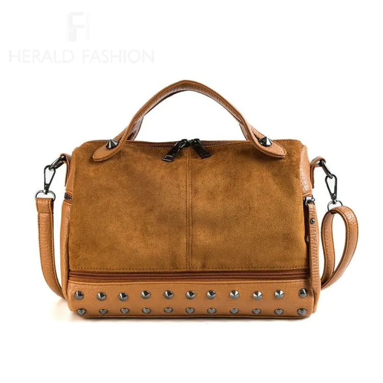 Women Top-handle Bags with Rivets Leather Shoulder Bag Large Capacity Vintage Tote Bags