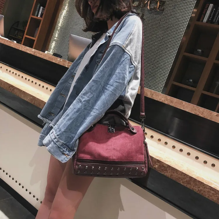 Women Top-handle Bags with Rivets Leather Shoulder Bag Large Capacity Vintage Tote Bags