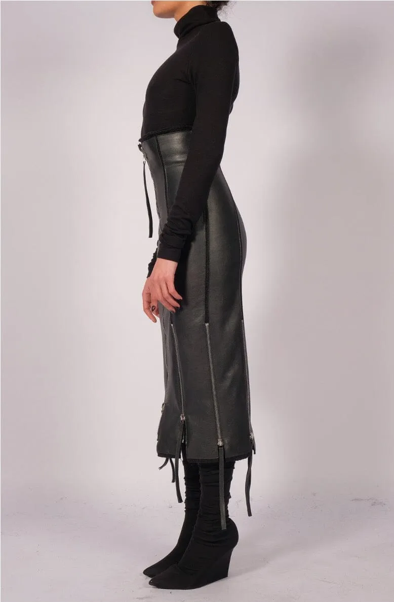 Wool Leather Skirt with Zippers