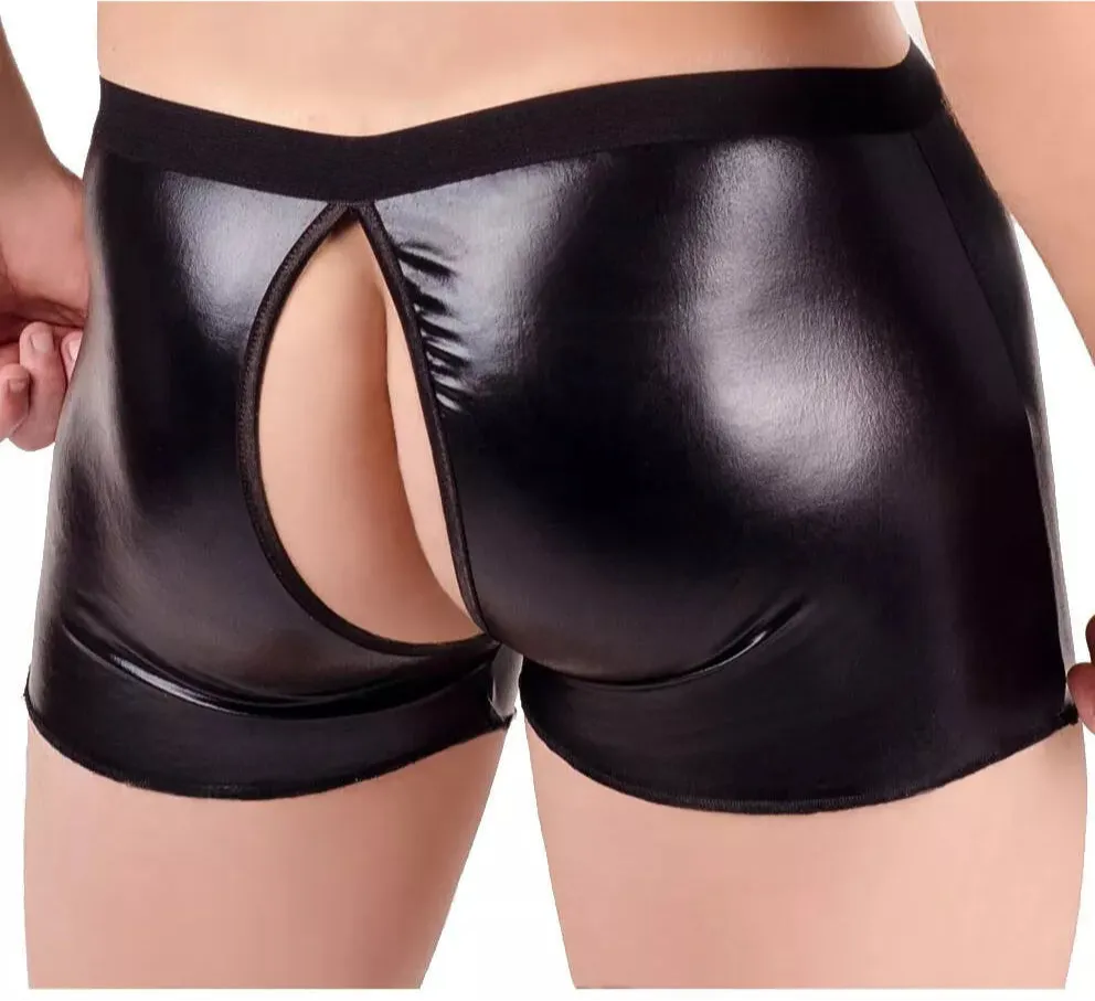 Zipped Backdoor and Hooked Front PU Leather Wetlook Fetish Boxers