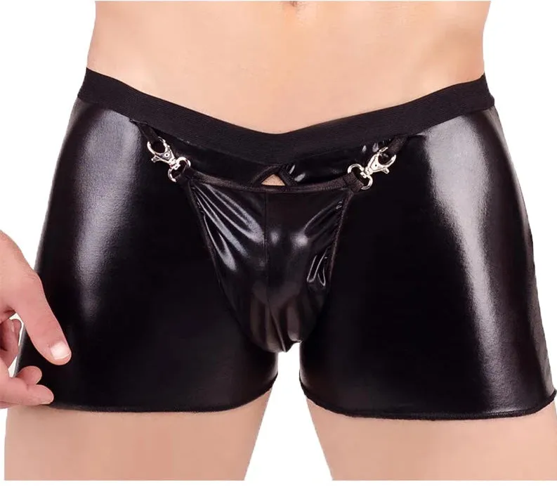 Zipped Backdoor and Hooked Front PU Leather Wetlook Fetish Boxers