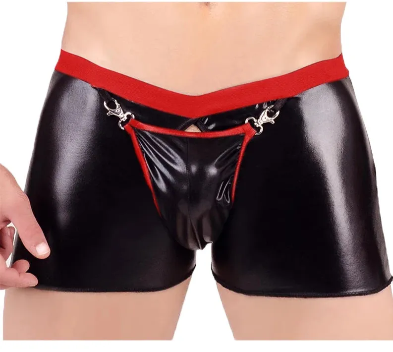 Zipped Backdoor and Hooked Front PU Leather Wetlook Fetish Boxers